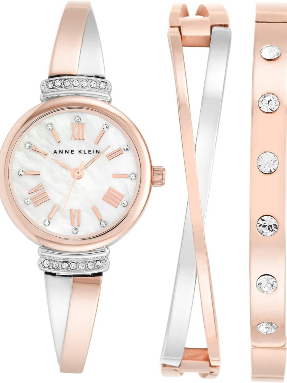 Elegant Women's Crystal Accented Bangle Watch Set - Rose Gold & Silver